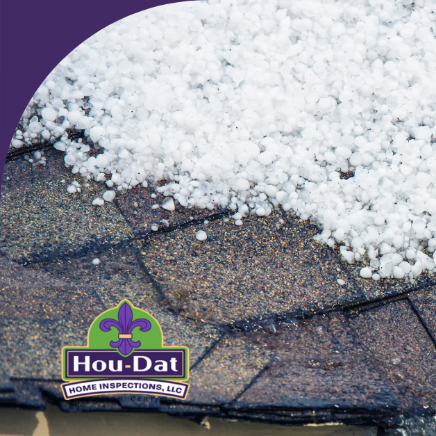 Hail accumulation on a roof with water runoff from the gutter.