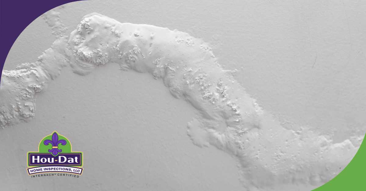 Close-up of water damage and peeling paint on a wall